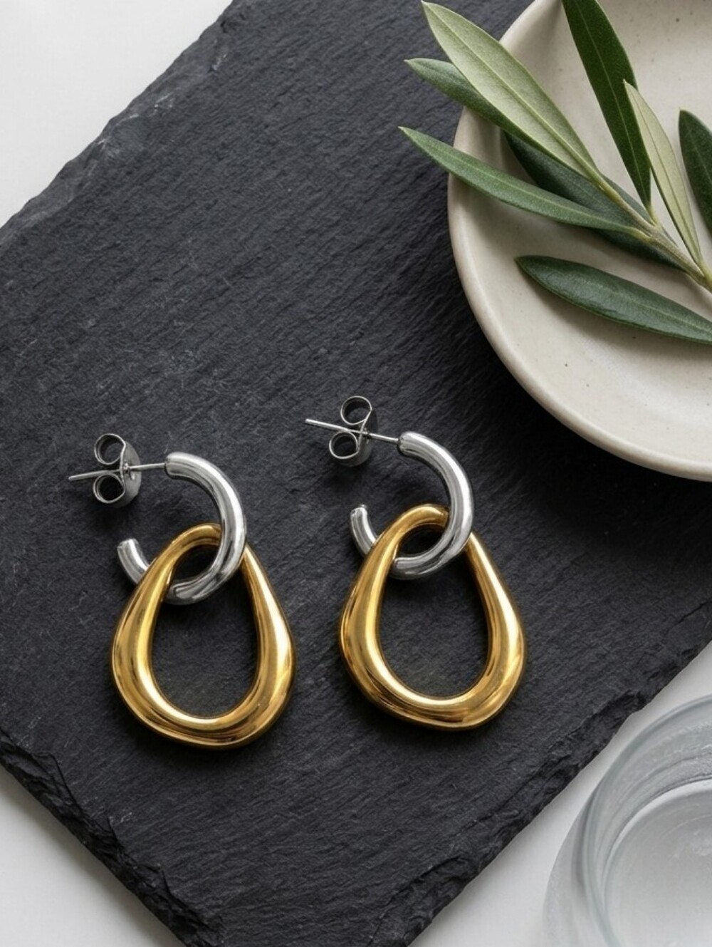 Two Tone Convertible Hoop Earrings 18K Gold Plated 316L SS 2in1 Old Money 1.1"